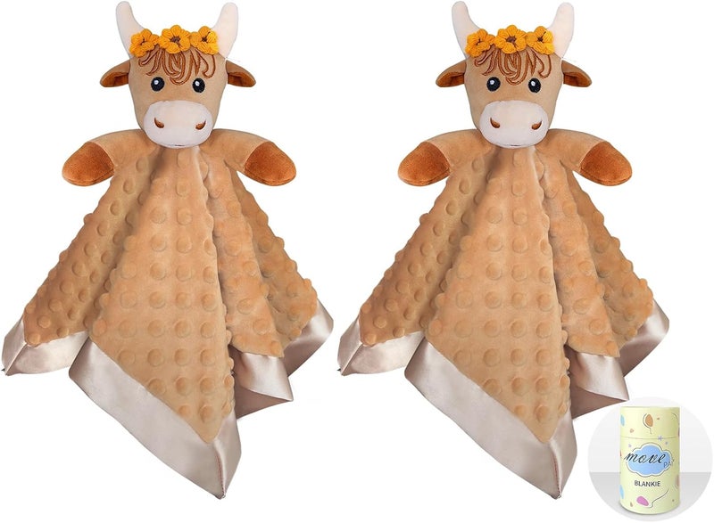 MOVEPAI Baby Security Blanket, Soft Baby Lovey Toy Blanket for Girls, Snuggle Toy Lovie Newborn Gift, 2PCS Babies Blankie Girl Highland Cow 16 Inch - Image 1